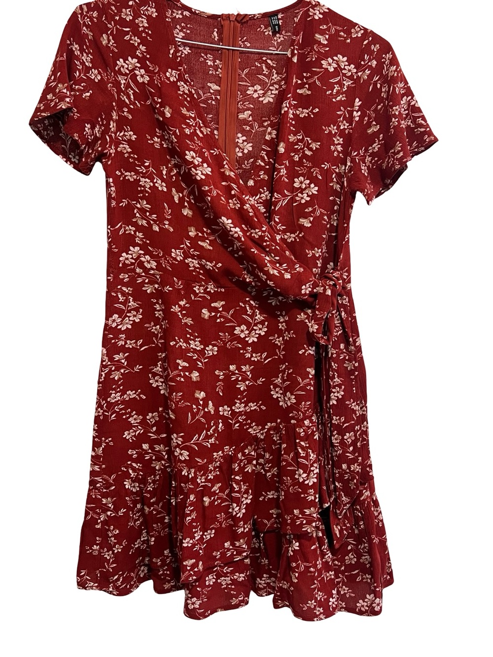 Women's Red Floral Wrap Mini Dress with Tie Waist
